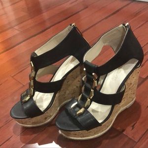 Aldo Black and Gold Wedge Sandals